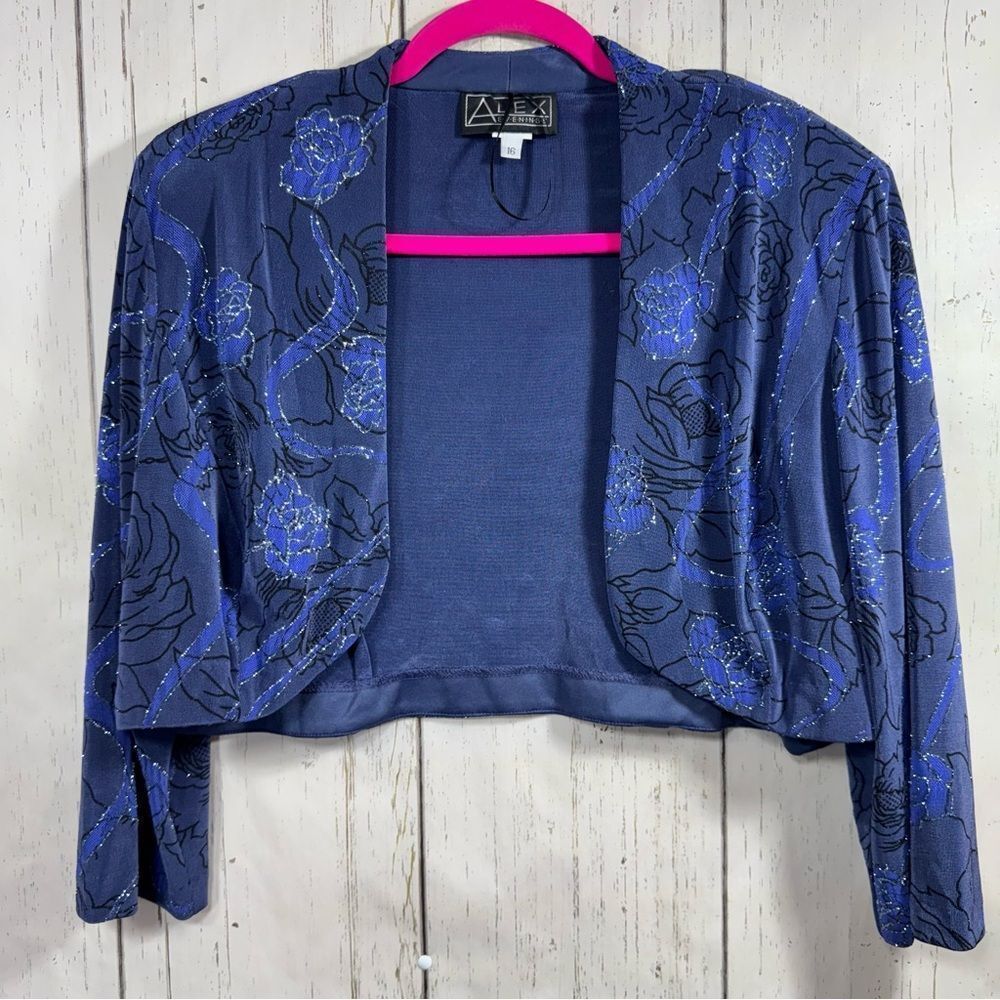 Alex Evenings Blue Floral Metallic Open Front Jacket Size 16 Elegant Formalwear